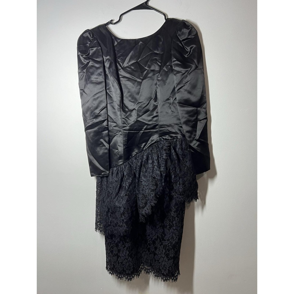 Sylvia Ann Vtg 1980s Black Satin & Lace Long Sleeve Tiered Ruffle Dress Sz 6